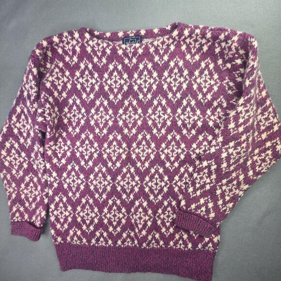 Vintage Woolrich Sweater Womens L Pink Blue Wool Fair Isle Diamond Boatneck 90s - Picture 1 of 8